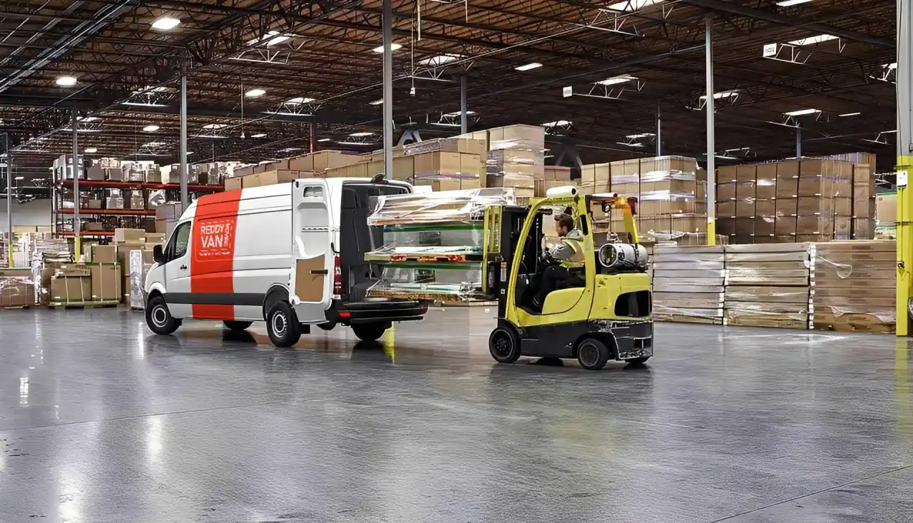 Office movers in Tampa loading commercial equipment into a Reddy Van truck inside a warehouse.
